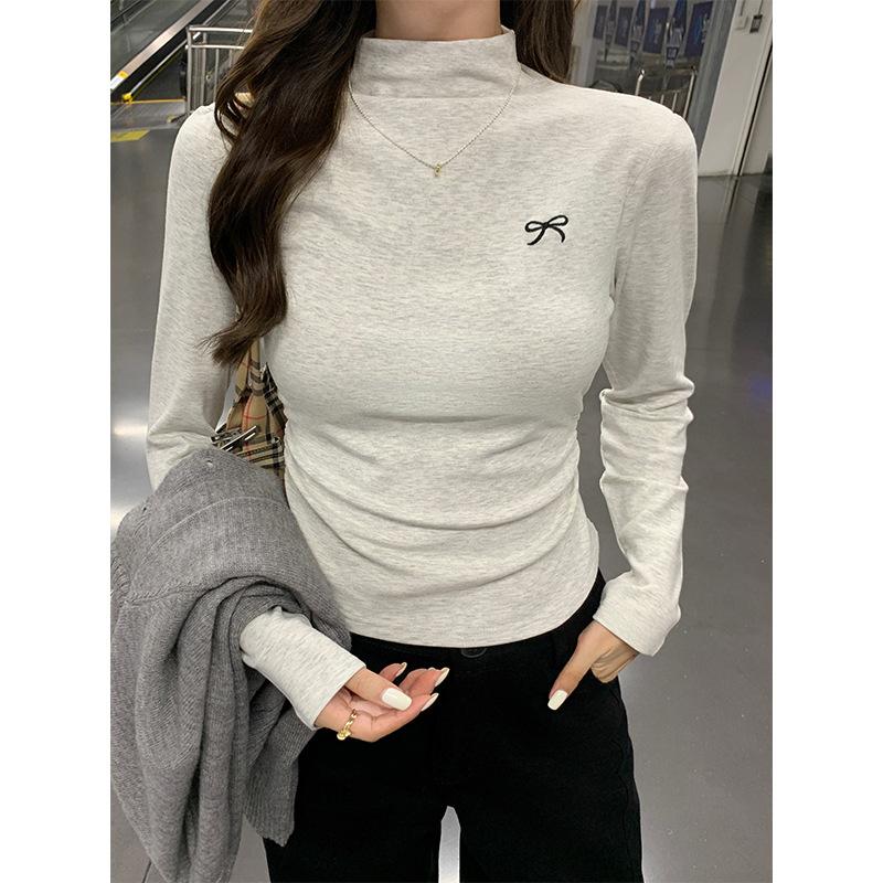 Autumn and Winter New Style Bow Embroidered Half-high Collar Plus Velvet Long-sleeved Women's Pleated Pinch Waist Slimming Inner Layering Shirt Top