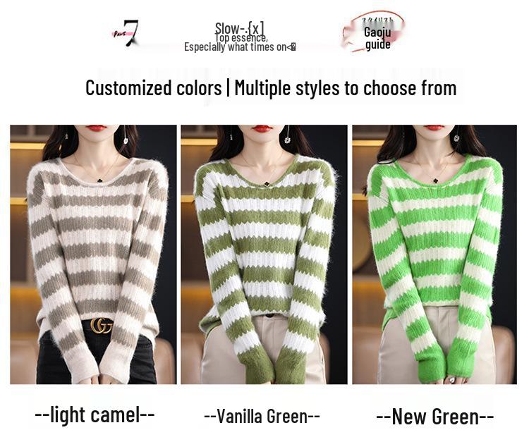 2025 Autumn/Winter Women's Mink Cashmere Color Block Round Neck Sweater – Hollow Out, Warm, Loose Fit