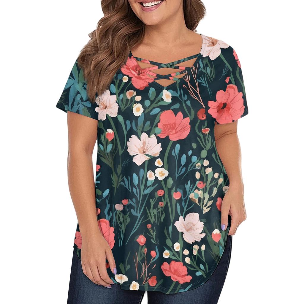 Women's Fashion Casual Printed V-Neck Short Sleeve Large Size T-Shirt Top