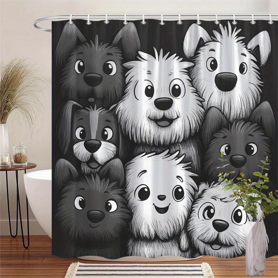 

1 Fluffy Dog Shower Curtain, Featuring Nine Cute Cartoon Dogs With Bright Eyes, On A Black Background, Polyester Fabric W60H190(CM)-1 Pcs