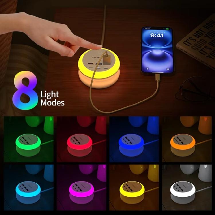 Desktop USB Power Hub with 3Prong Plug, 3 USB-A 3 USB C Port, ClicksControl Night Light, 9x5cm Retractable Cable Body