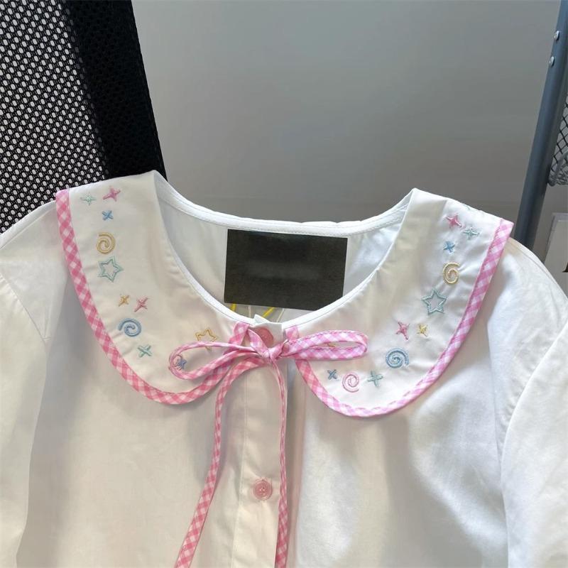 Doll Collar Checkered Lace Up Shirt for Women Puff Sleeved Single Breasted Shirts Summer Loose Embroidered White Tops