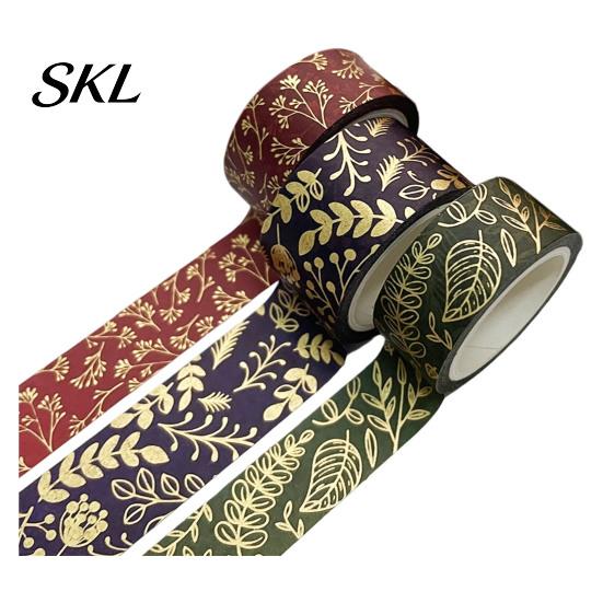 Washi Tape Roll 3 Rolls Golden Foil Tape, Retro Plaid Leaf Pattern Decorative Scrapbooking Supplies Masking Adhesive for DIY Crafts, Journal, Planner,