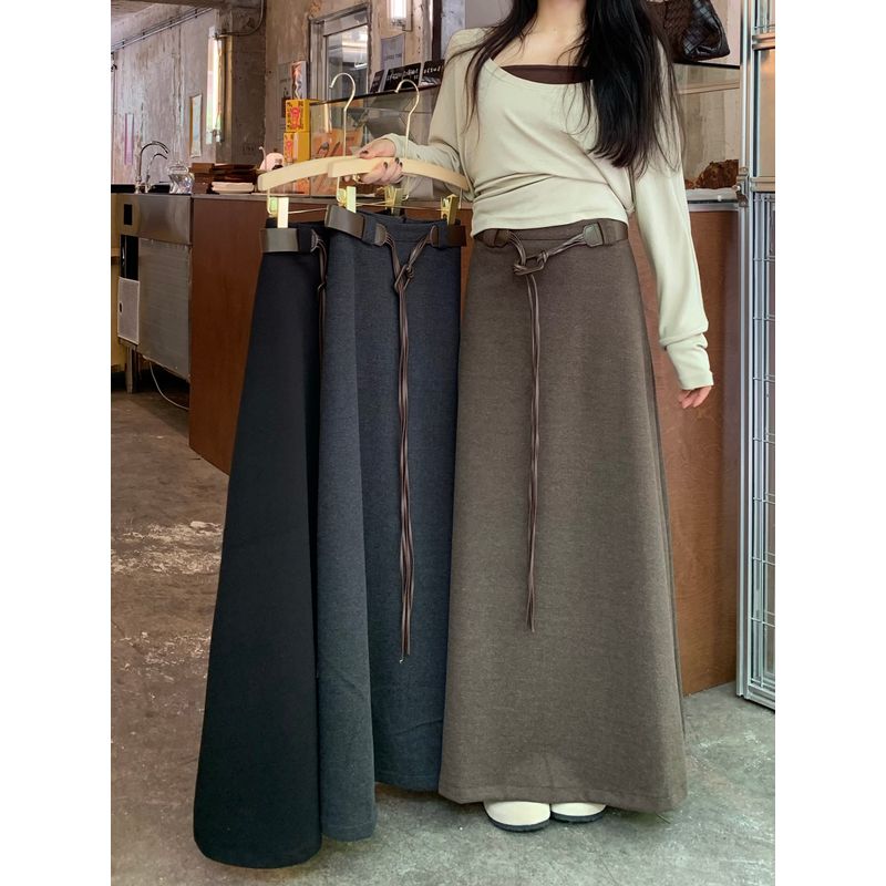 Kumikumi Gentle Minimalist Pure Color High Waist Skirt Women's Autumn Loose Slimming and All-Matching Drape Midi Skirt