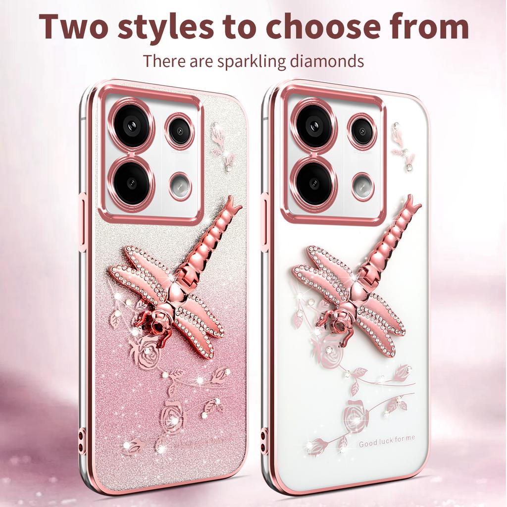 For Xiaomi Redmi Note 13 Pro 5G Case Dragonfly Kickstand TPU Flowers Glitter Phone Cover