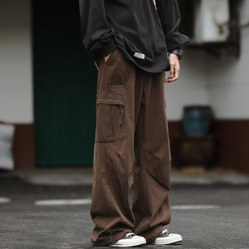 

Men s Spring and Summer Pleated Design Straight Overalls Men s Retro Versatile Loose Drawstring Wide-leg Casual Pants M коричневый