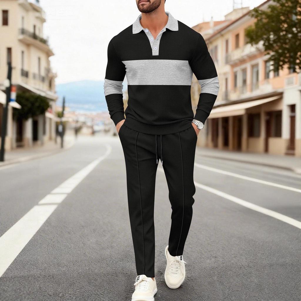 2025 Men's Autumn Waffle Sweatshirt & Pants Set - Casual Long Sleeve Lapel Design