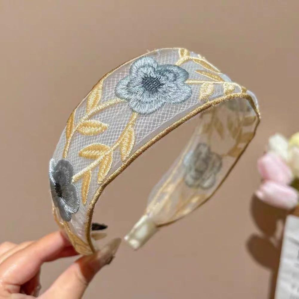 Non-slip Embroidered Floral Headband Lightweight Wide Brim Hairband Pastoral Hair Hoop Daily Wear
