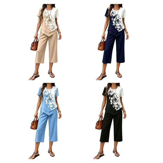Women's Casual 2 Piece Sets Short Sleeve Crew Neck Top And Cropped Pants Sets Summer Floral Lounge Outfits