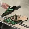 Fashion Eilyken Summer Design Embroidery Pointed Toe Mules Women Slippers Low Heels Party Shoes Fashion Zapatos De Mujer