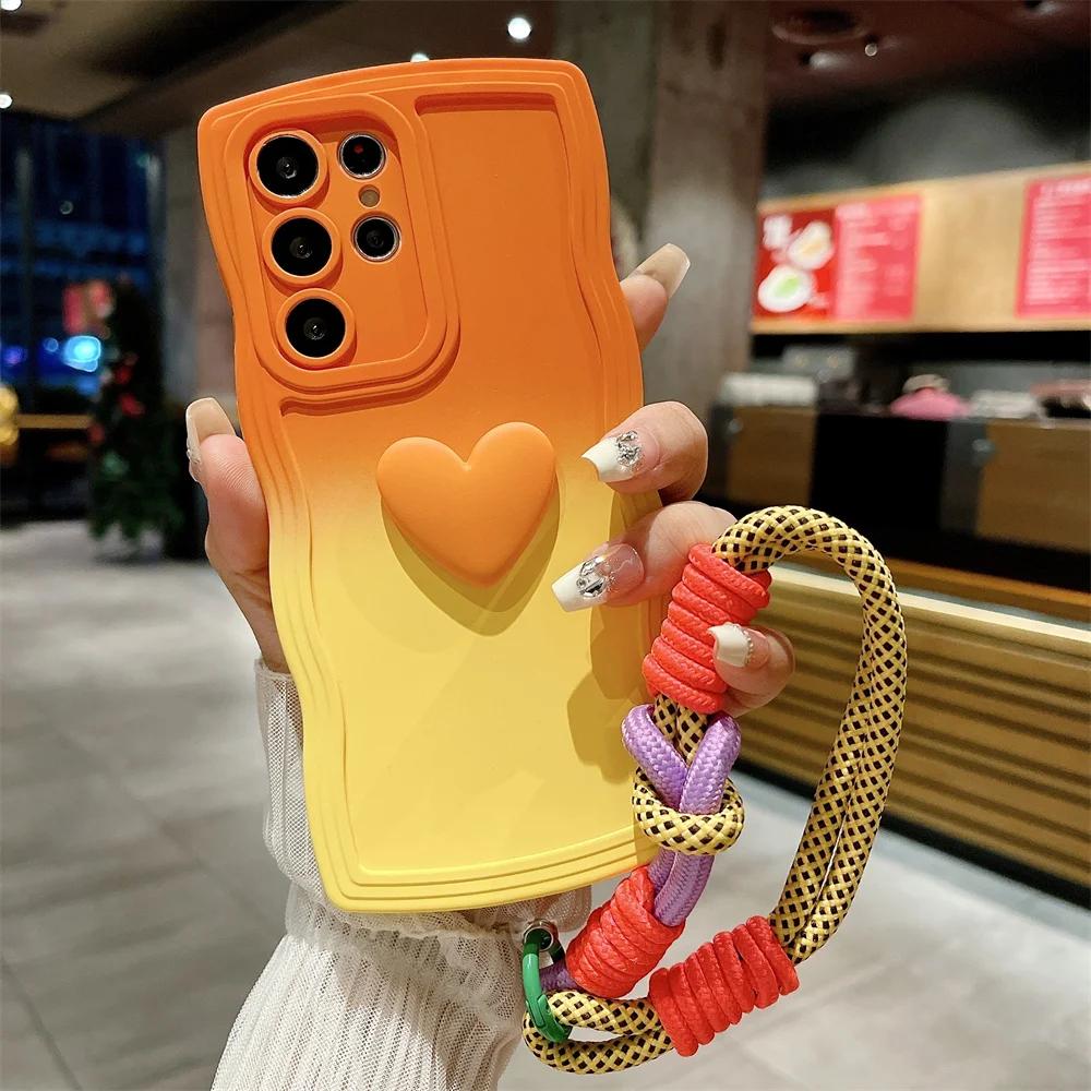

Чохол Cute Love Heart Wrist Strap Case для Samsung Galaxy S23 S24 Ultra S22 S21 Plus S20 FE A54 A34 A53 A52 A14 Шнурок Gradient Cover S22Plus