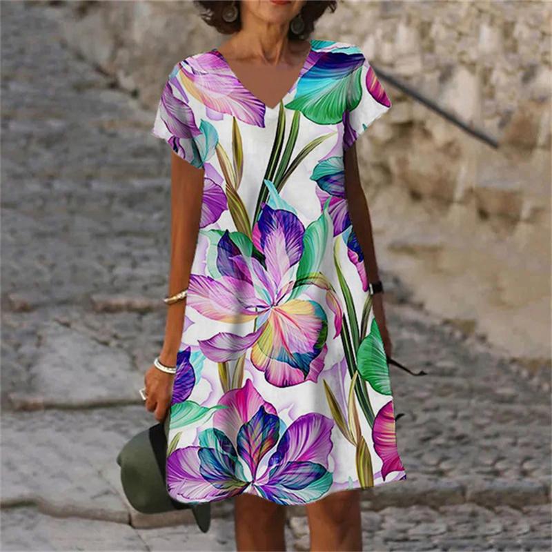 

Новые летние цветы, растения, 3D-принт, женские платья, свободная одежда, ретро-платье с коротким рукавом и V-образным вырезом, женский сарафан, Vestidos L