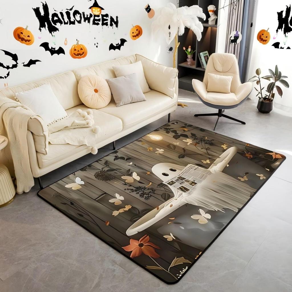 Halloween Bats Area Rug 3x5, Boho Vintage Floral Rugs for Living Room Gothic Damask Washable Rug, Antique Decor Goth Silhouette Dark Shadows