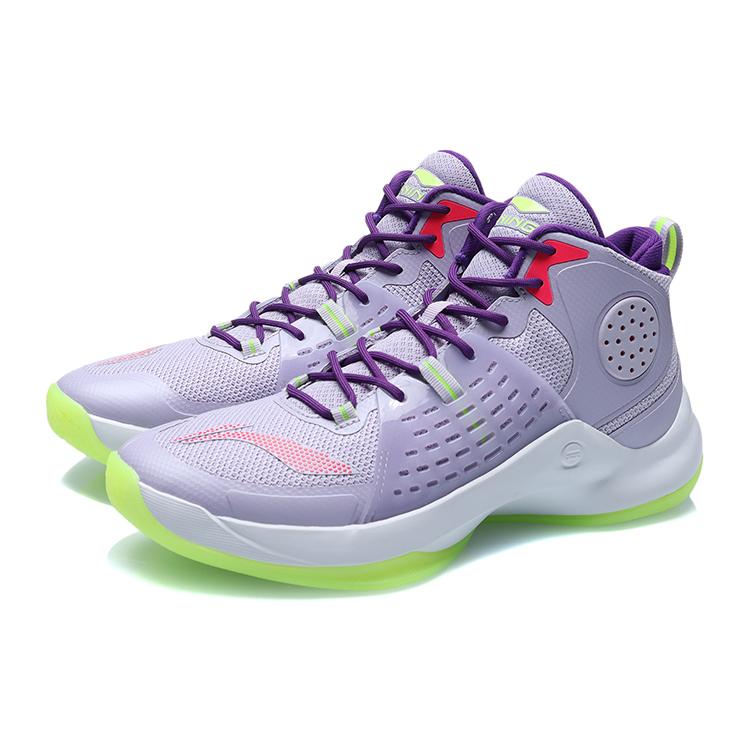 Li Ning Slip Resistant Abrasion Resistant High Top Basketball Shoes Unisex Purple Green ABAR065-3