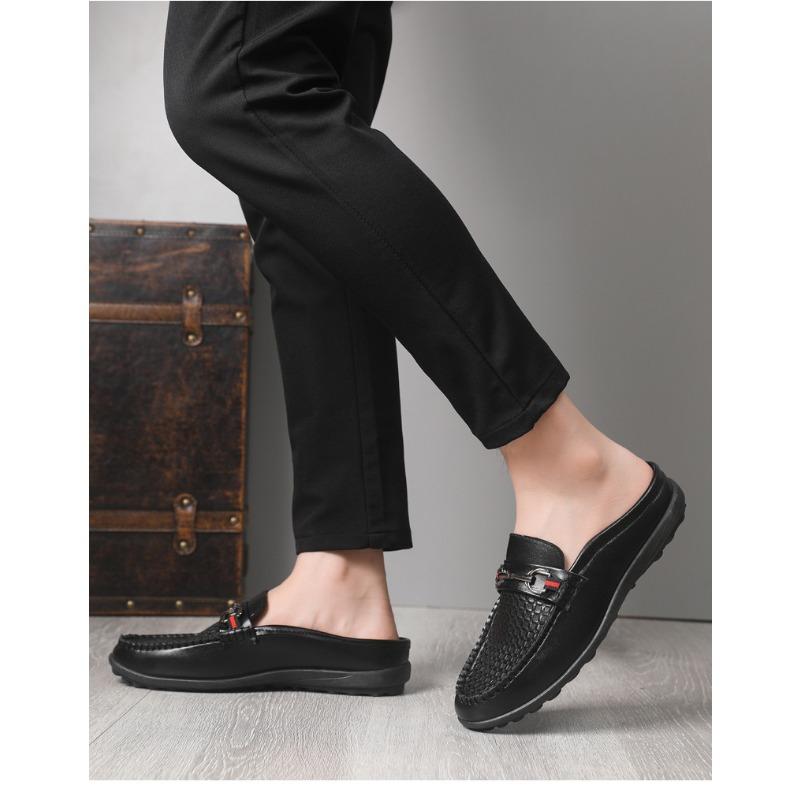 Men's Fashion Embossed Metal Buckle Casual Slip-On Leather Loafers Large Size.