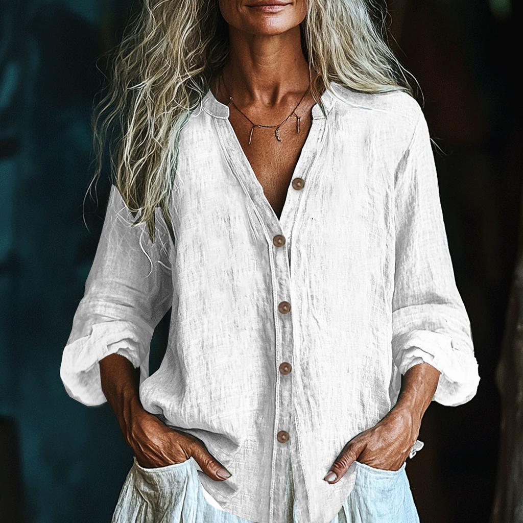 Women's Fashionable And Casual Solid-color Long-sleeved Cotton And Linen Shirt Top