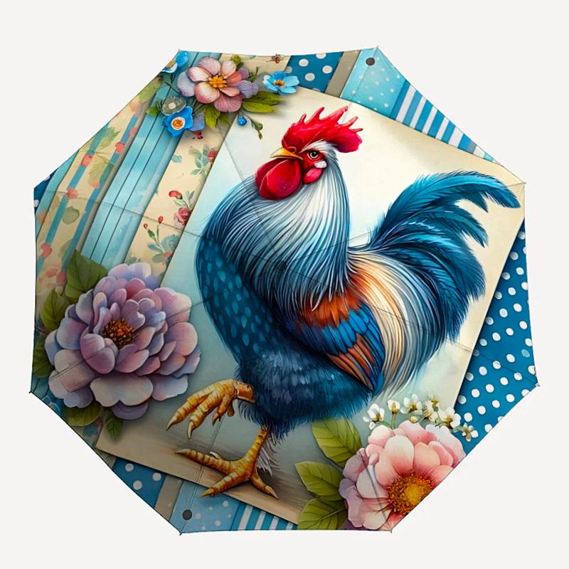 1pc Rooster Decor Automatic Folding Umbrella - Portable Collapsible Design, 8-Rib Iron Frame, Durable Fabric yy251125205