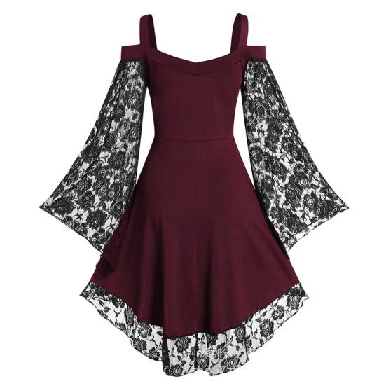 Damenkleid Spitze Patchwork Schmetterlingsärmel Halloween Großer Saum Tief ausgeschnitten Ösen Kleid für Halloween