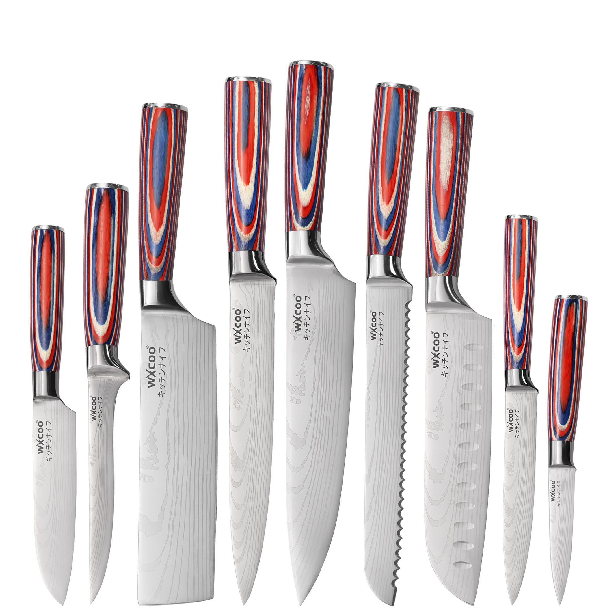 

Набор из 9 японских ножей сантоку с дамасским узором, кухонный нож из нержавеющей стали 5Cr15MOV, нож шеф-повара, нож-топорик, универсальный нож для нарезки 9PCS
