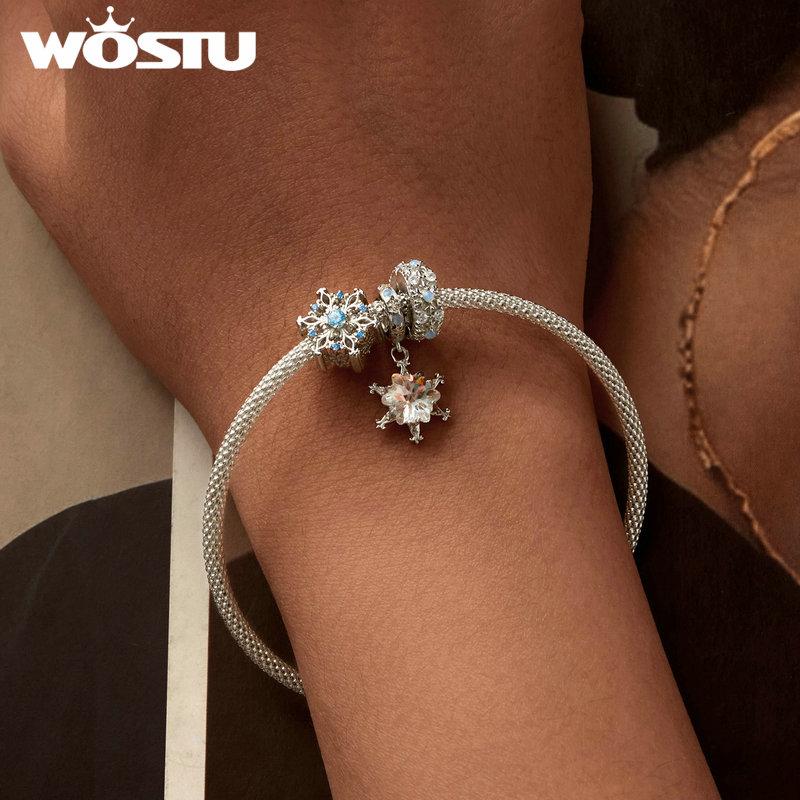 WOSTU 925 Sterling Silver Snowflake Charm Beads Ice Flower Pendant Fit Original Bracelet DIY Necklace Jewelry Making Gift