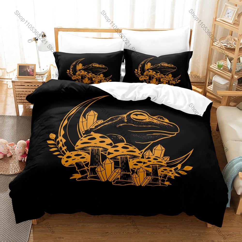 Cottagecore Frog Mushroom 3D Print Bedding Set Includes Duvet Cover + 2 Pillowcases Cute Forest Bedroom Decor For Nature Fans