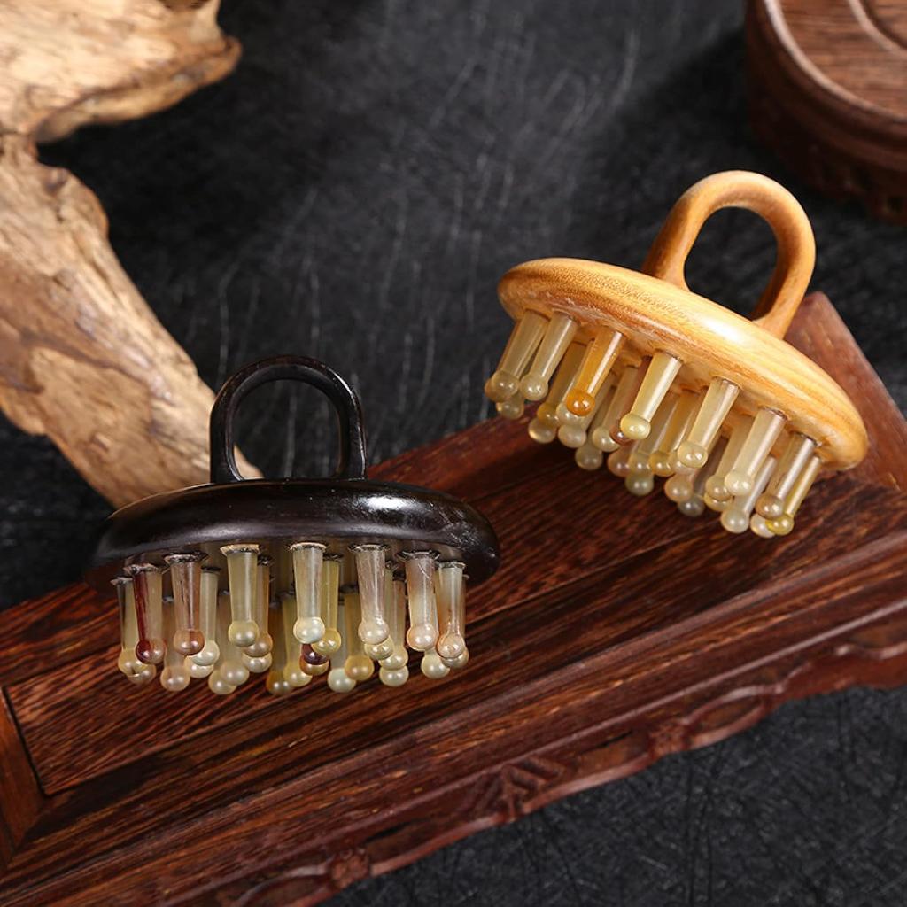 Natural Horn Massage Comb Scalp Massage Meridian Scraping Head Massager Gua Sha Sandalwood Brush,Green Sandalwood