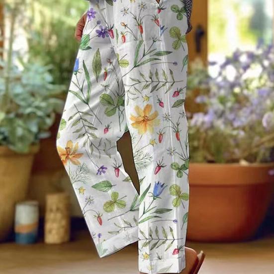 Women Casual Pants Elastic High Waist Drawstring Straight Wide Leg Pants Digital Floral Print Beach Office Daily Long Trousers