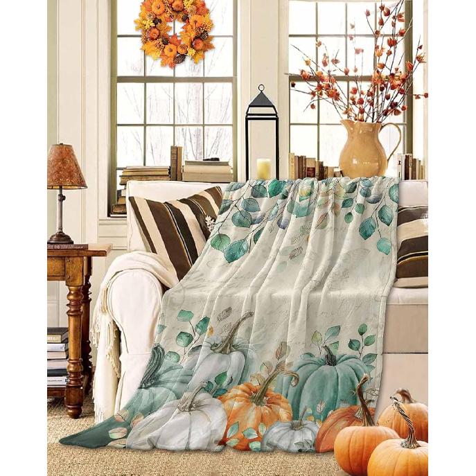 Fall Throw Blanket Green Pumpkin Blankets and Throws Soft Cozy Flannel Fleece Eucalyptus Leaves Branch Blanket for Couch Bed Sofa Chair Autumn