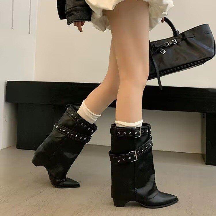 Cowhide version~ Spice Girls Pants Short Boots Women's Coarse Heel Maillard Medium Boots Temperament Pointed Skinny Knight Martin Boots