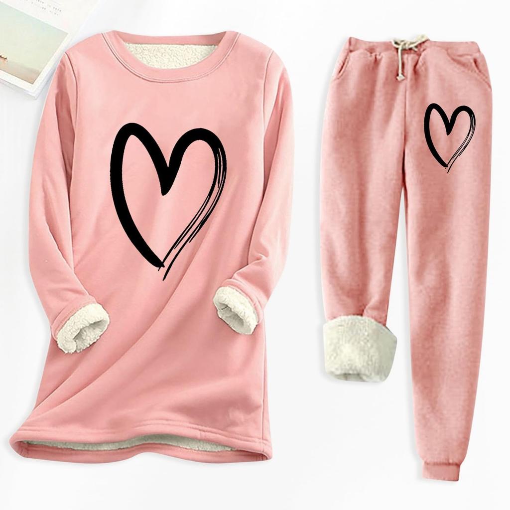 Ladies' Loose And Comfortable Round Neck Heart-shaped Printed Thick Long Sleeved Top With Cotton Pants Set