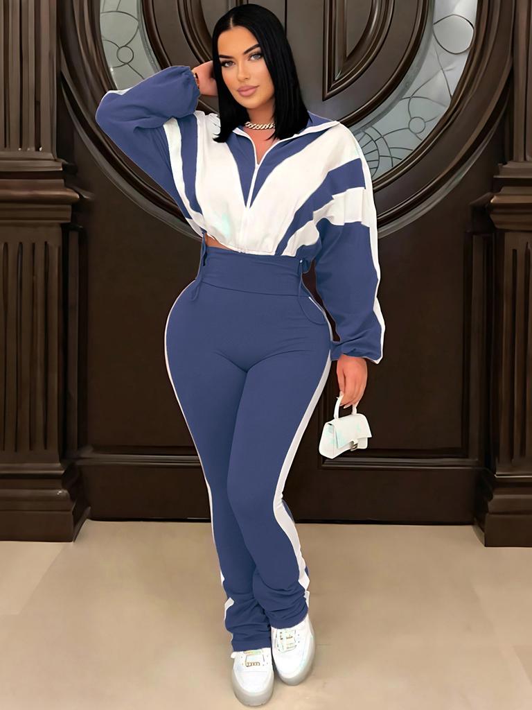 Womens Color Block Tracksuit Set Casual Short Sleeve Crop Top High Waist Workout Pants