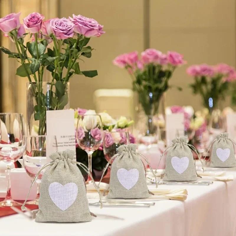5/30PCS Heart Shape Jute Drawstring Bags Reusable Burlap Jewelry Storage Pouch Home Wedding Christmas Party Gift Packaging Bags