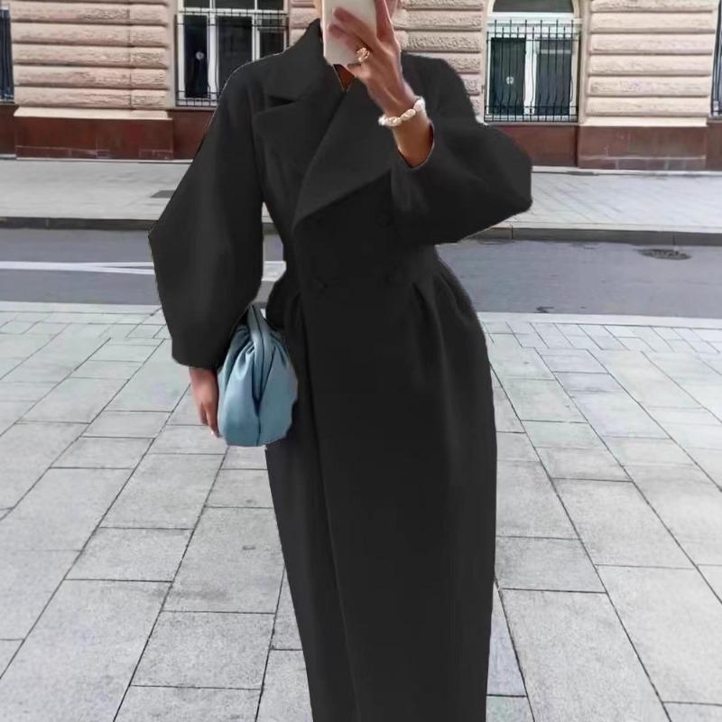 Vintage Court Style Waist Cinched Long Turn Down Collar Lantern Sleeve Overcoat For Women