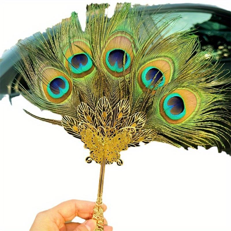 1Pc Vintage Peacock Feather Fan Handheld Ornamental Fan Wedding Photo Shooting Props Live Show Prop