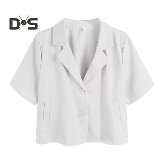 Dámské sako s klopami, krátkým rukávem a volným střihem, s kapsami, jednobarevné, volného střihu, letní business kabát