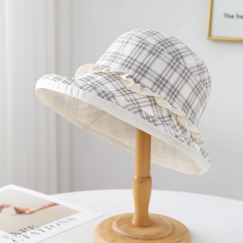 Chapéu de Pescador Xadrez Feminino Novo Primavera Verão, Aba Enrolada com Decoração de Renda, Chapéu Casual de Viagem