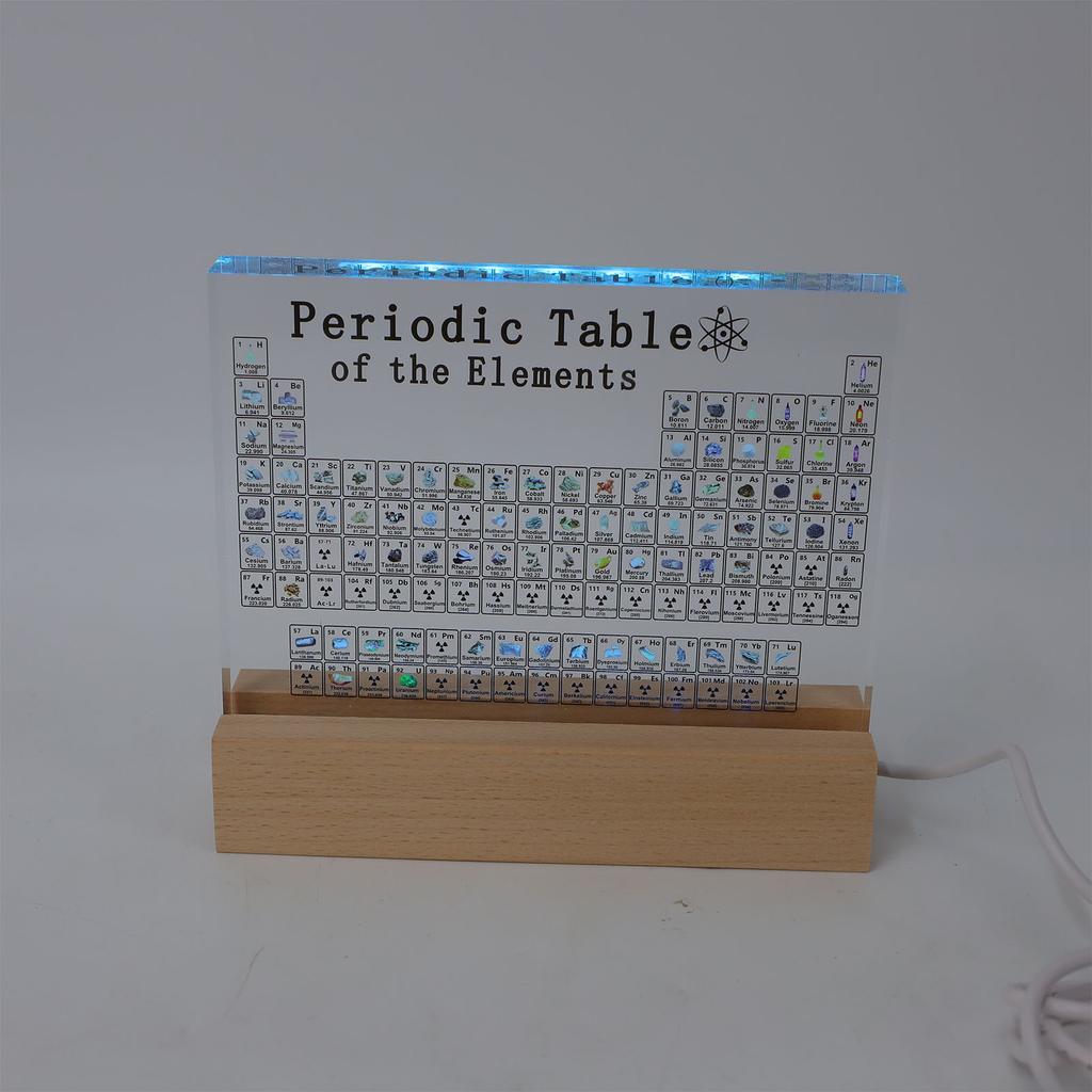 Periodic Table of Elements Clear Acrylic Plate with Wooden Base Colorful Light Chemistry Elements Decor for Students