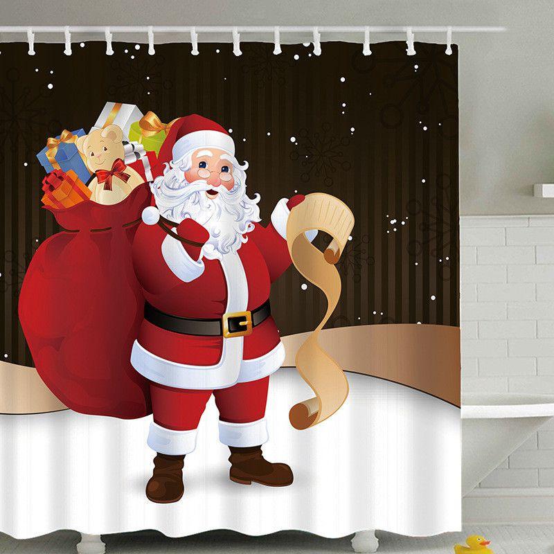 Christmas Shower Curtain With Hooks Durable Waterproof Bathroom Decor Santa Claus