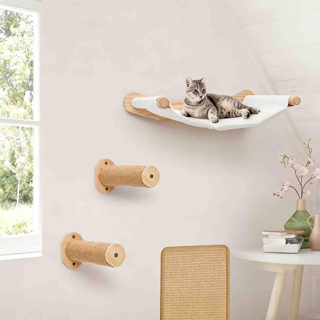 3pcs Wall-Mounted Cat Hammock & Scratching Post Set | Wooden Ladder Cat Shelf & Perch, Play & Rest Area for Multi-Cat Households