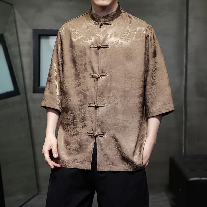 2025 Summer Ice Silk Short-Sleeved Shirt Men Chinese Style Tang Suit Jacquard Robe Youth Retro Men's Shirt Casual Tops