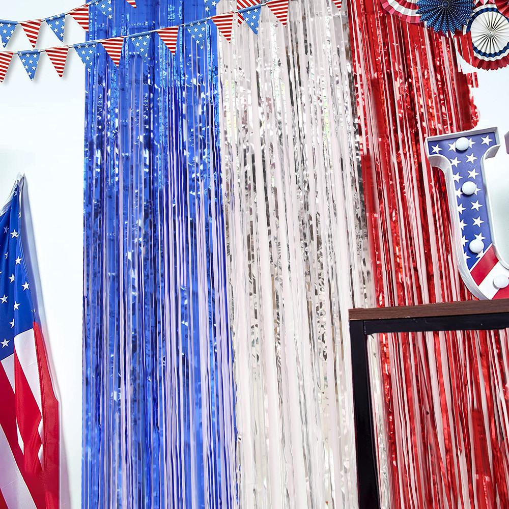 Festive Red Silver And Blue Foil Tinsel Curtain For Independence Day Celebration