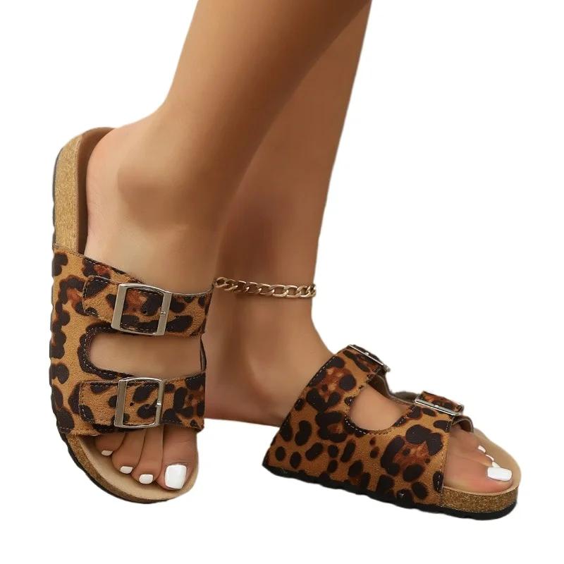 Fashion Fashion Leopard Women's Slippers New Cork Slippers Women Summer Outdoor Non-slip Shoes Buckle Sandals Woman Beach Flat Slippers
