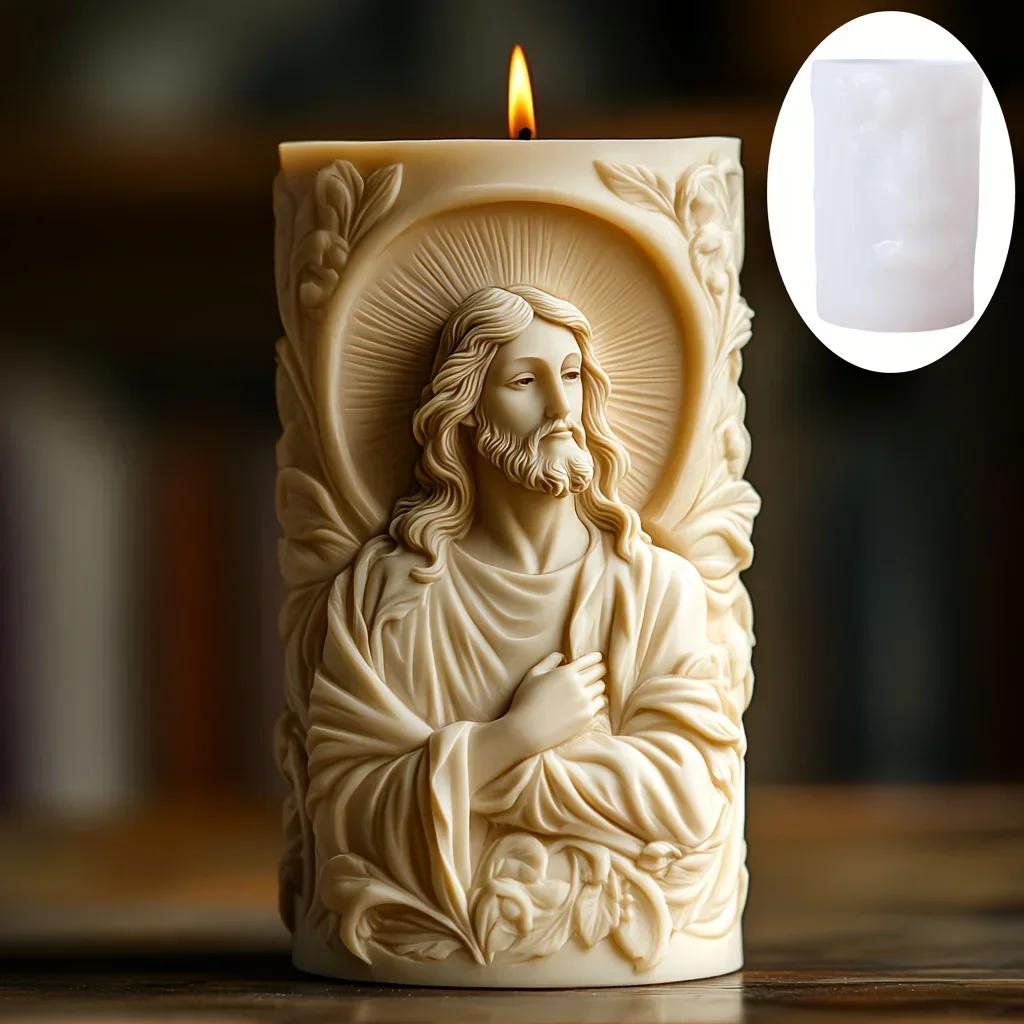 Virgin Mary Relief Cylinder Candle Silicone Mold Prayer Goddess Mary Resin Mould Curling Hair Mary Relief Cylinder Gypsum Molds