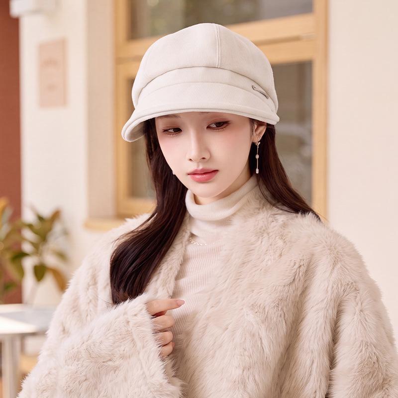Retro Solid Color Octagonal Hat Autumn and Winter Big Eaves Show the Face Small Peaked Hat Simple Warm Woolen Hat Women's