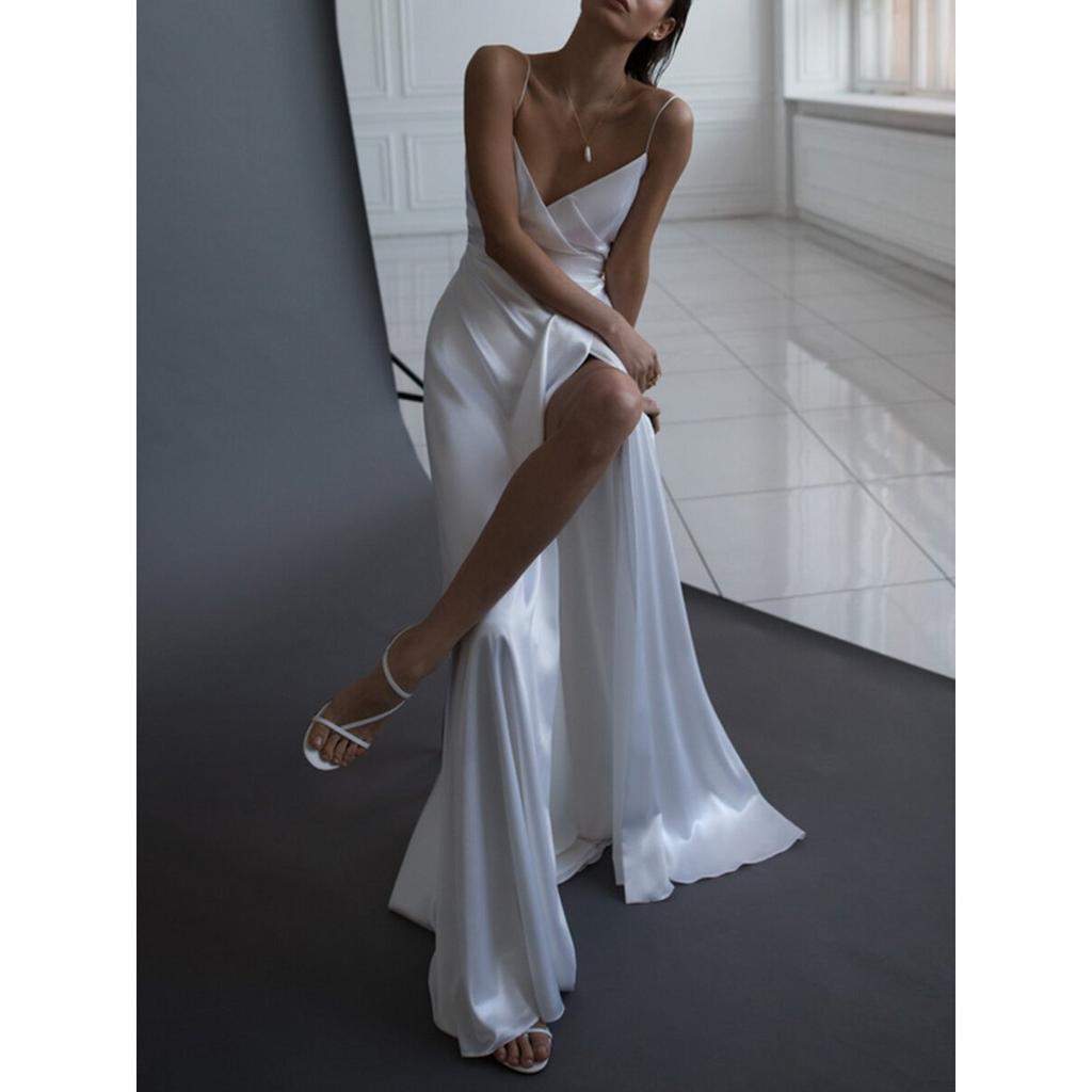 Spring Summer Women's Long Dress, European American Sexy Spaghetti Strap Sleeveless V-neck Cocktail Mini Evening Gown