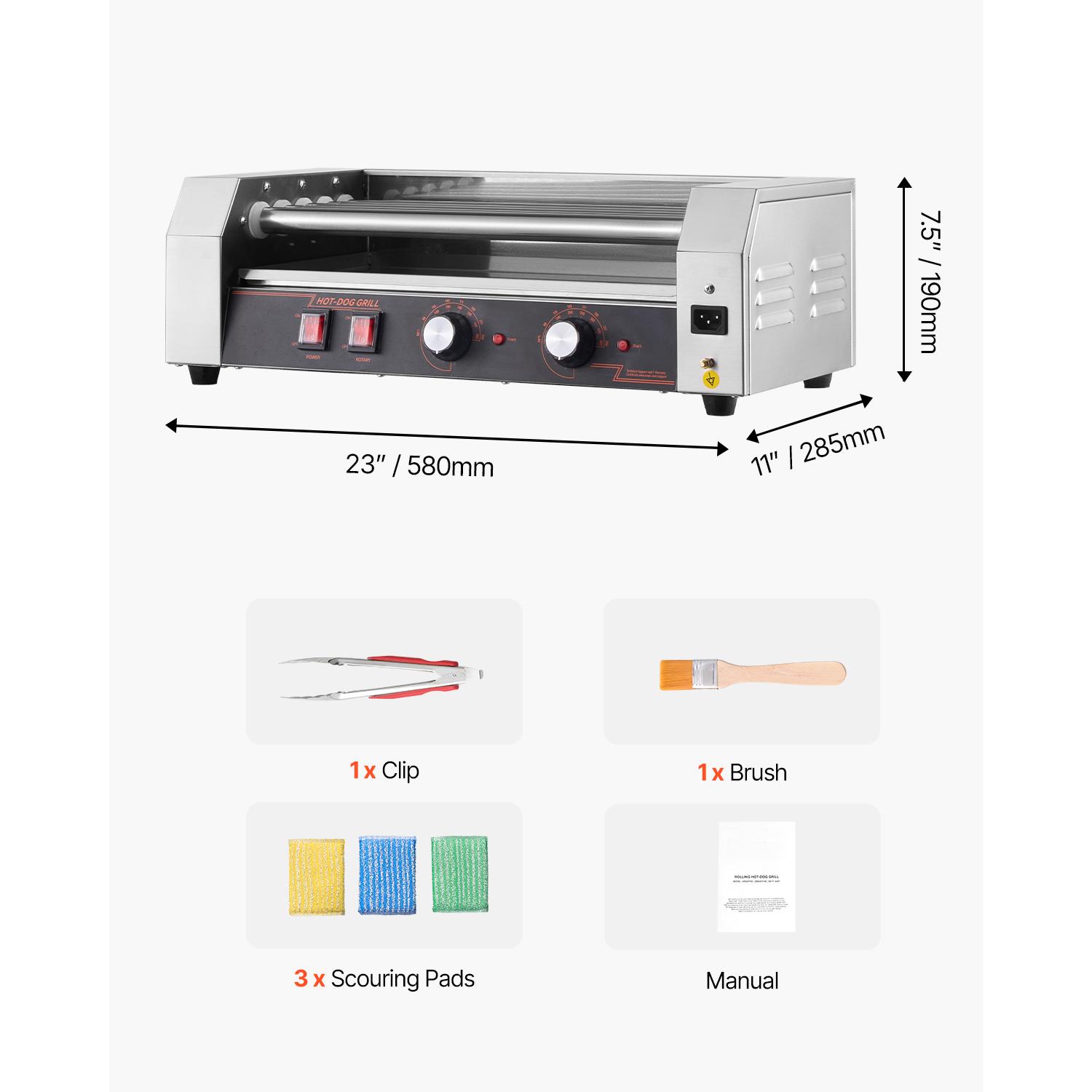SucceBuy Hot Dog Roller 12/18/30 Hot Dog 5/7/11 Rollers Stainless Steel 750-1600W with Dual Temp Control Removable Shelf & Tray 5 rollers typeB