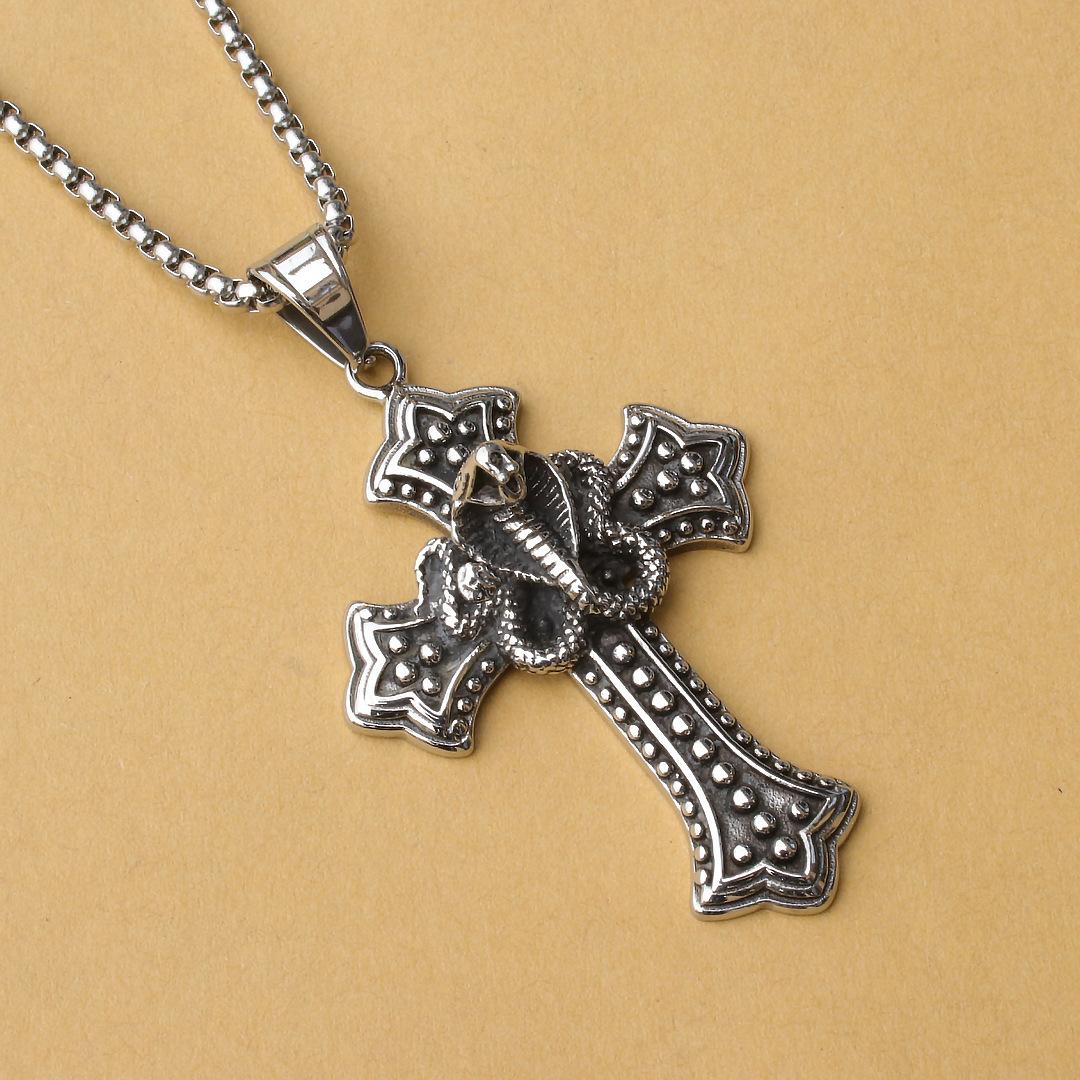European and American Hip-hop Cross-shaped Carved Cobra Pendant Necklace Retro Versatile Necklace 60CM