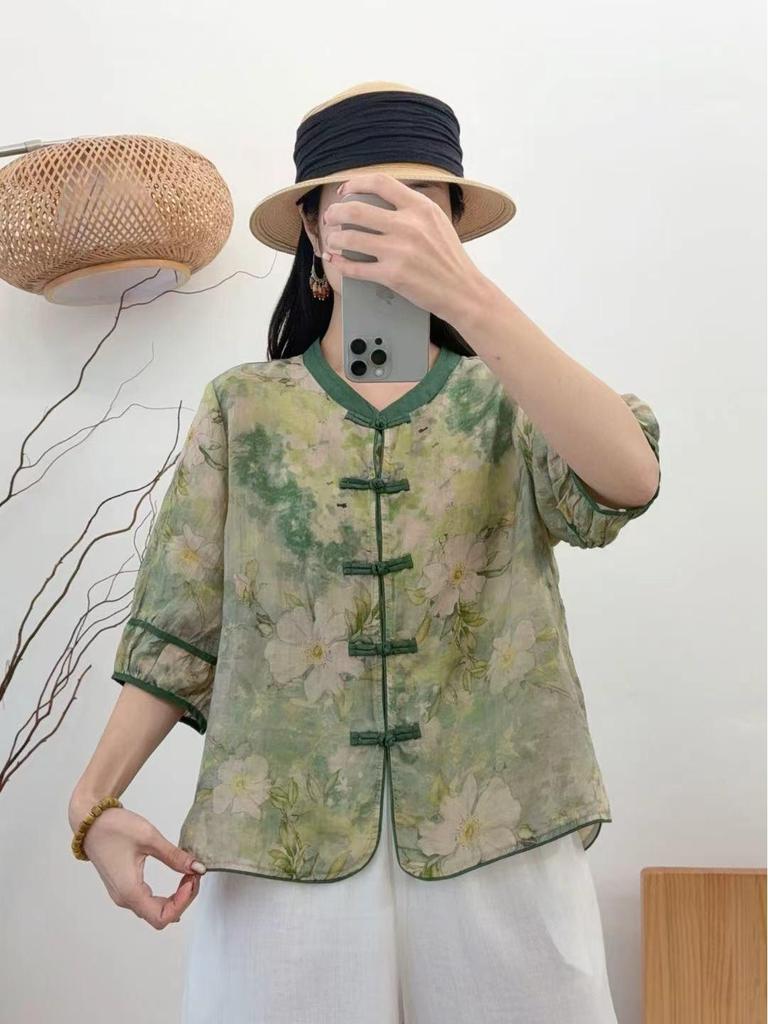 2026 Spring/Summer Women's Retro Ramie Printed Stand Collar 3/4 Sleeve Frog Button Cardigan Shirt
