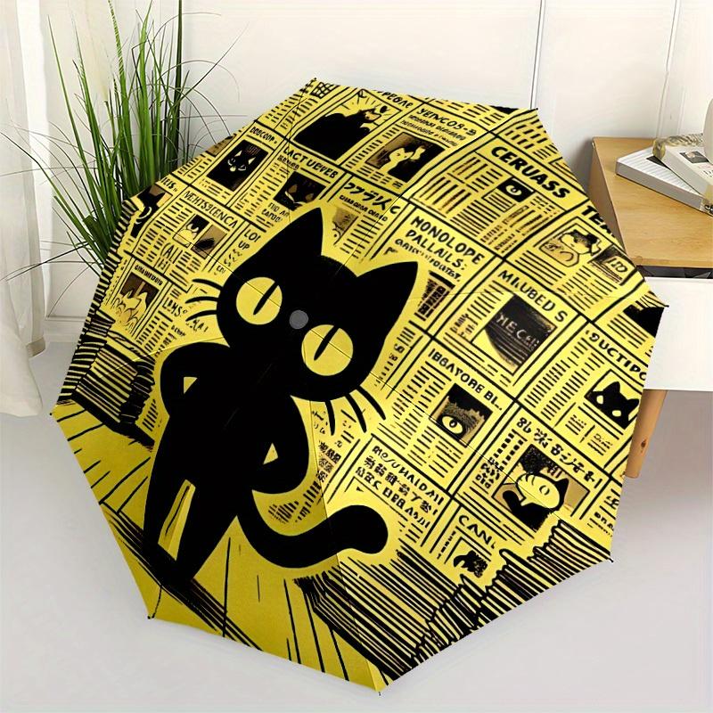 1pc Cat Newspaper Automatic Open 8-Rib Windproof Umbrella, Travel & Commuting, Suitable for All Seasons, Lightweight Portable,030