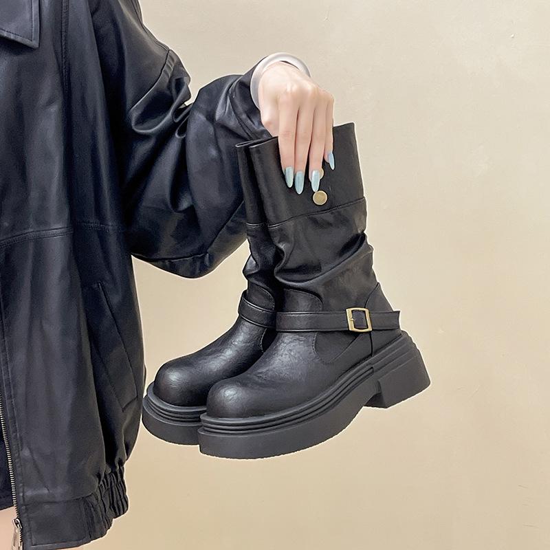 British style short boots thick heel thick-soled medium boots autumn and winter design sense retro leather boots foldable women's fashion boots